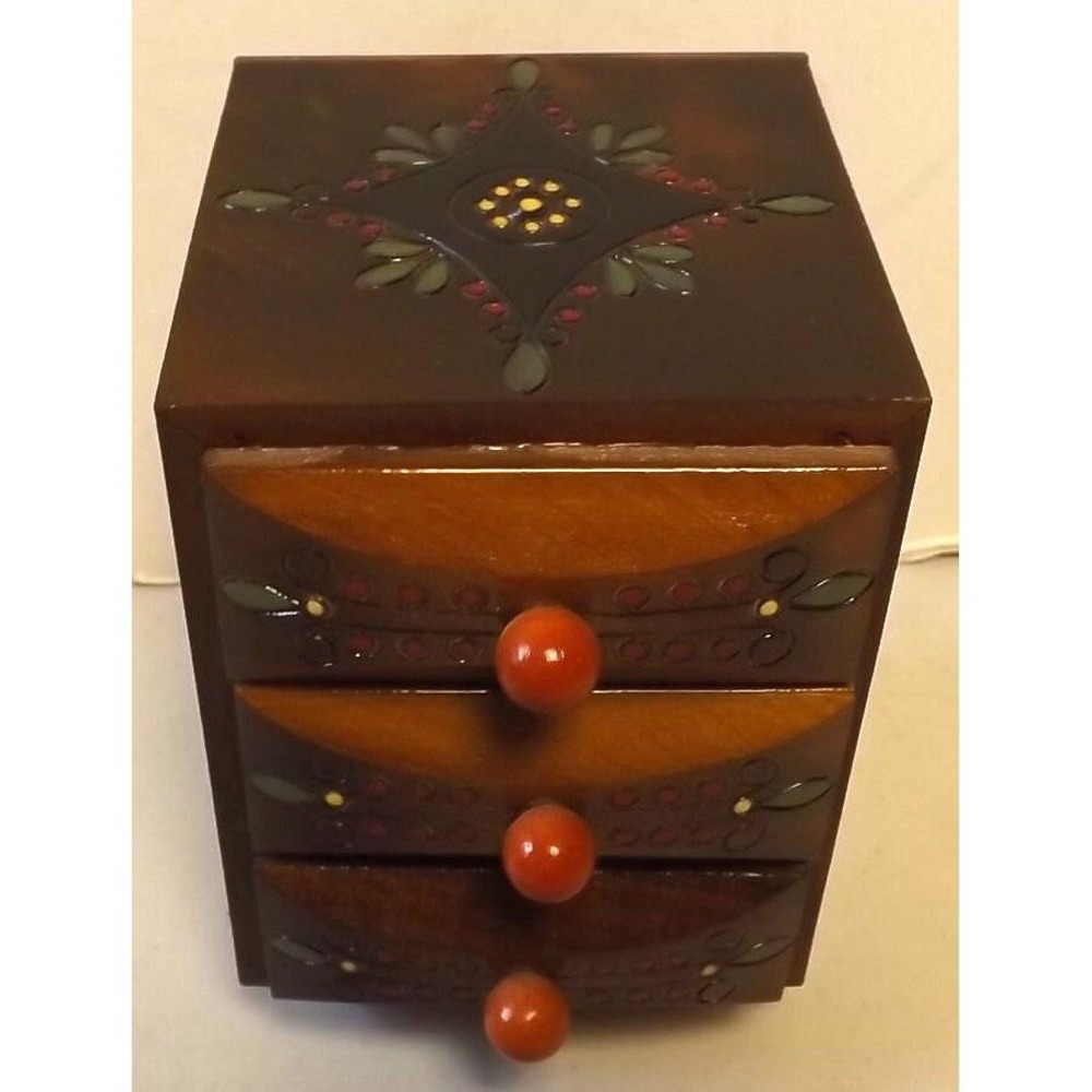 Carved Wooden  Jewelry Box with Drawers –Tatra Mountain Folk Art Made in Poland